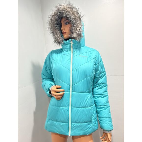 colombia Jacket Girls XL Turquoise With Fur Trim Hoodie